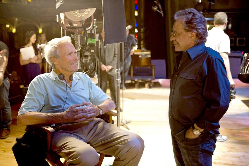 Sirector/producer Clint Eastwood, left, and executive producer Frankie Valli on the set of Warner Bros. Pictures musical Jersey Boys. The big-screen adaptation of the hit Broadway musical Jersey Boys is Eastwood’s 12th film as a director since turning 70. Warner Bros Pictures, Keith Bernstein / AP photo