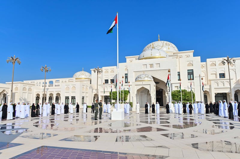UAE flag raised at at Abu Dhabi’s Qasr Al Watan, in the presidential palace compound. Wam