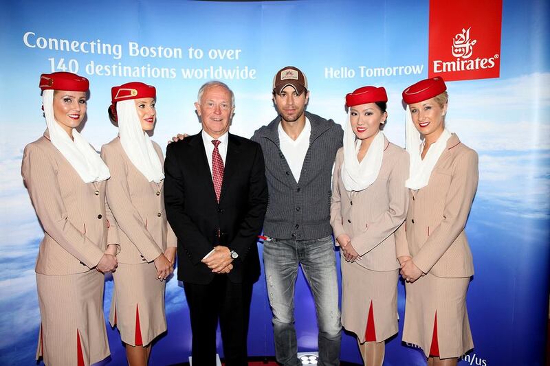 Emirates Airline president Tim Clark poses with singer-songwriter Enrique Iglesias. Courtesy Emirates Airline