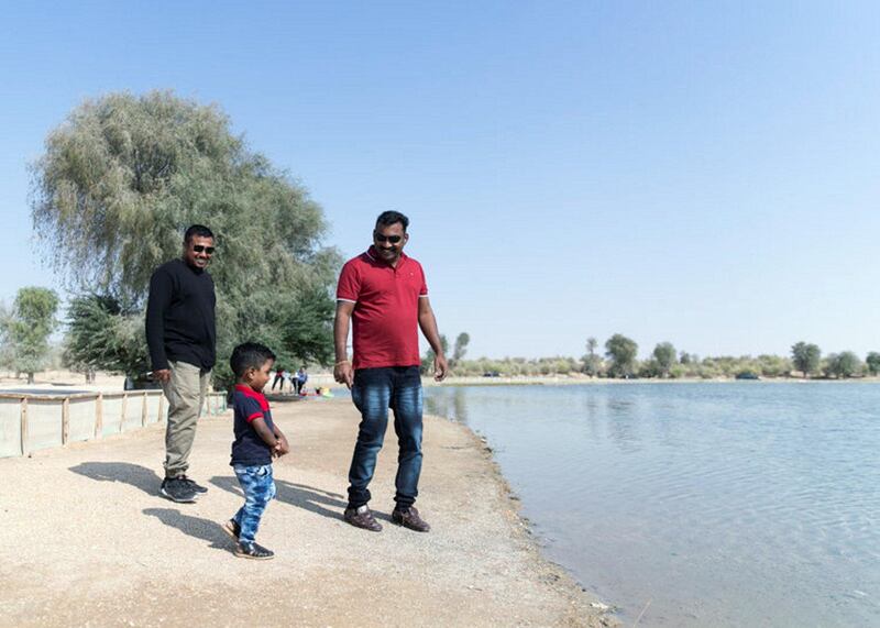 DUBAI, UNITED ARAB EMIRATES. 2 DECEMBER 2019. 
Surannya Arun’s husband (in red), at Al Qudra lake with his family on UAE National Day.
(Photo: Reem Mohammed/The National)

Reporter:
Section: