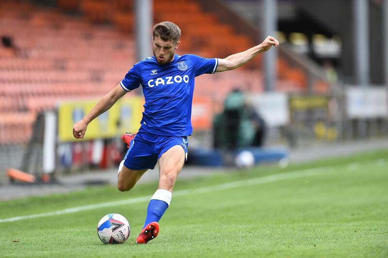 BLACKPOOL, ENGLAND - AUGUST 22: Jonjoe Kenny of Everton in action during the pre-season friendly match between Blackpool and Everton at Bloomfield Road on August 22, 2020 in Blackpool, England. (Photo by Nathan Stirk/Getty Images)