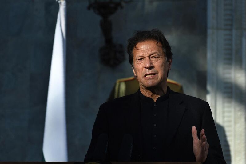 Pakistan's Prime Minister Imran Khan speaks during a joint press conference with Afghan President Ashraf Ghani (not pictured) at the Presidential Palace in Kabul on November 19, 2020. (Photo by WAKIL KOHSAR / AFP)