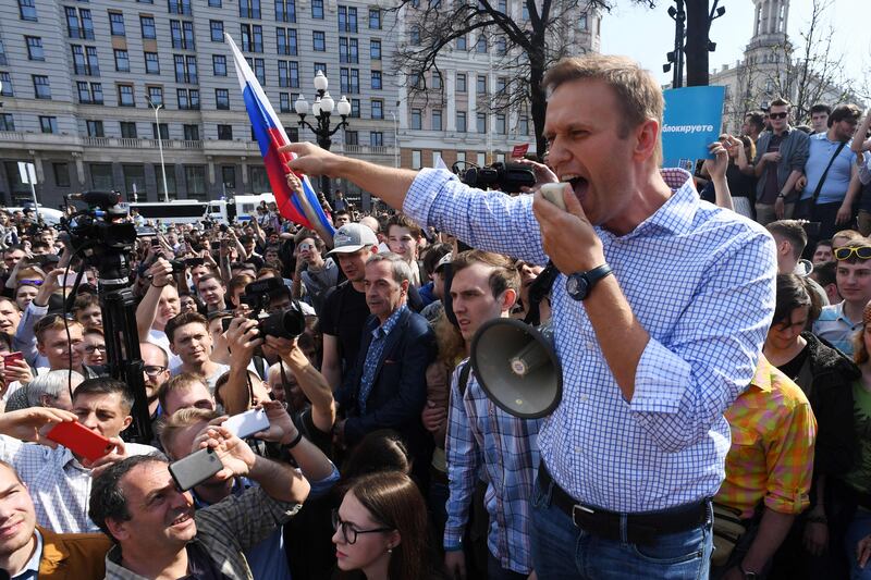 Mr Navalny addresses supporters at a rally against Russian President Vladimir Putin in Moscow, in 2018. AFP