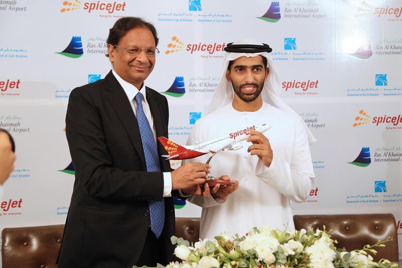 From left: Mr. Ajay Singh, Chairman and Managing Director, SpiceJet and H.H. Sheikh Khalid Bin Saud Al Qasimi - Vice Chairman, Investment and Development Office, Government of Ras Al Khaimah. Courtesy RAK Media Office