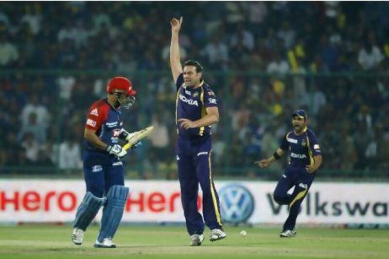 Jacques Kallis celebrates the wicket of Virender Sehwag of Delhi Daredevils. Saurabh Das / AP Photo