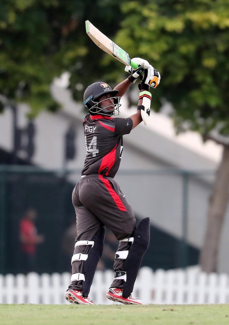 DUBAI, UNITED ARAB EMIRATES , Dec 15– 2019 :- Figy John of UAE playing a shot during the World Cup League 2 cricket match between UAE vs Scotland held at ICC academy in Dubai. UAE won the match by 7 wickets. ( Pawan Singh / The National )  For Sports. Story by Paul