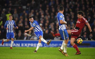 BRIGHTON, ENGLAND - DECEMBER 23: Pascal Gross of Brighton and Hove Albion celebrates after scoring his sides first goal during the Premier League match between Brighton and Hove Albion and Watford at Amex Stadium on December 23, 2017 in Brighton, England.  (Photo by Mike Hewitt/Getty Images)