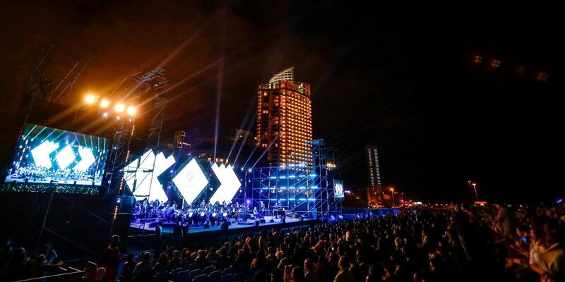 Lebanese pianist, composer and playwright Ziad Rahbani performs during the Beirut Holidays 2019 Festival at the Beirut Waterfront.  AFP