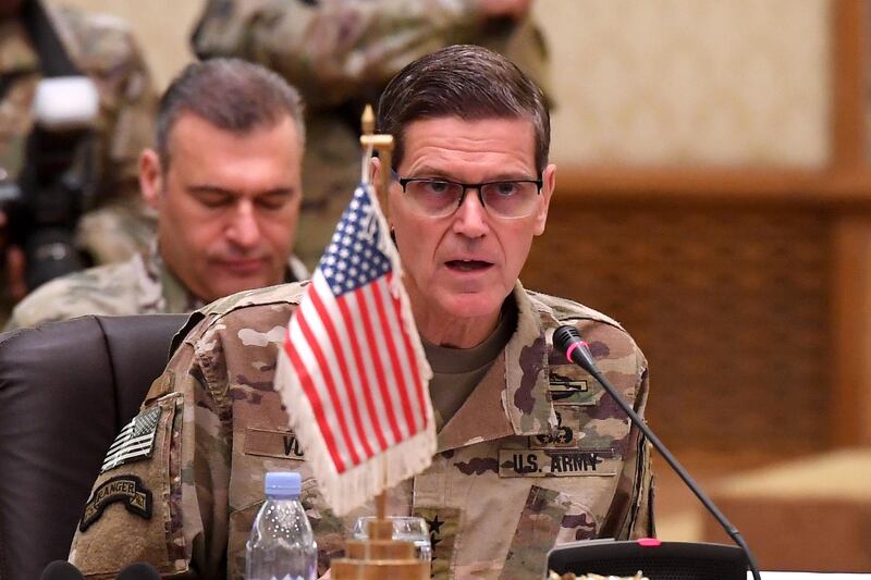 epa07014694 Commander of United States Central Command Joseph Leonard Votel, speak during a meeting of the Gulf cooperation council's (GCC) armed force chiefs of staff and the commander of the US Central Command, in Kuwait City, Kuwait, 12 September 2018.  EPA/NOUFAL IBRAHIM