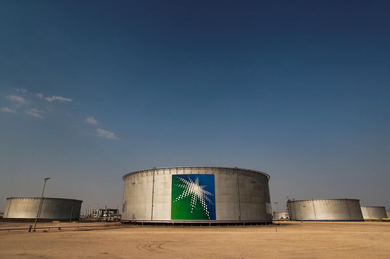 Branded oil tanks at Saudi Aramco oil facility in Abqaiq, Saudi Arabia. Reuters