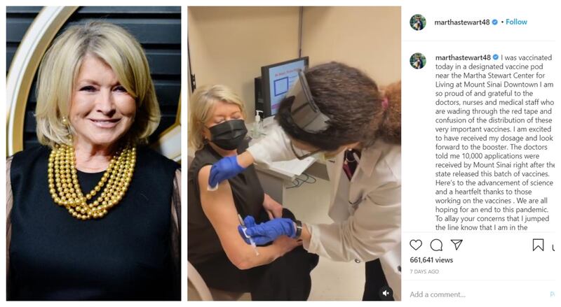 American lifestyle guru Martha Stewart, 79, shared a video of herself receiving the vaccine, adding that she 'waited in line with others.' AFP, Instagram