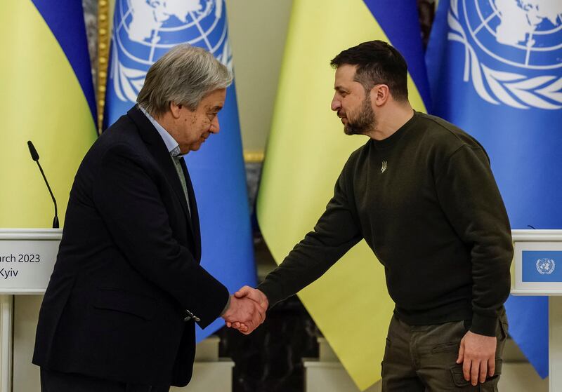 Volodymyr Zelenskyy and UN chief Antonio Guterres shake hands after a joint news briefing in Kyiv. Reuters