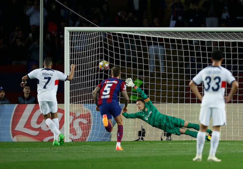 BARCELONA RATINGS: Excellent save low down to deny Mbappe just before half-hour mark. Almost caught out by Hakimi shot that bounced in front of him. Deserved better after excellent double save ahead of Barca’s fourth. Reuters
