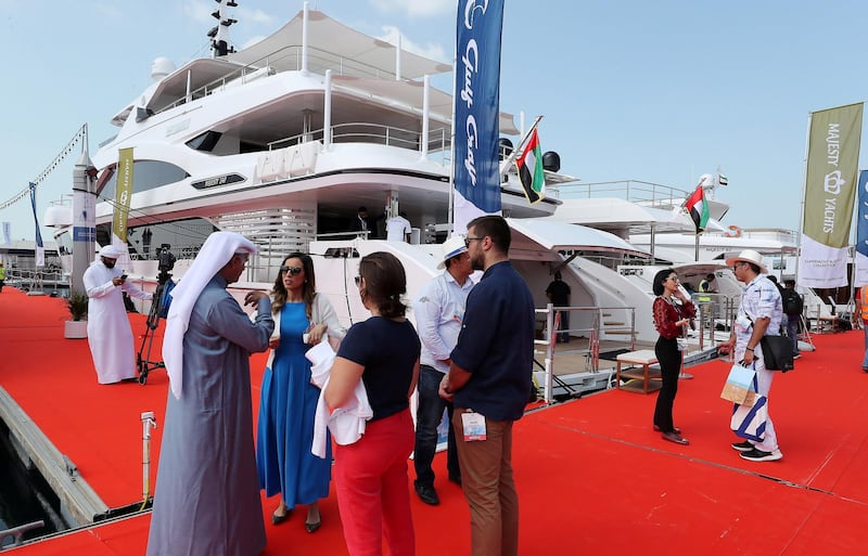 DUBAI , UNITED ARAB EMIRATES , February 26 – 2019 :- Visitors and media personals at the Dubai International Boat Show held in Dubai. ( Pawan Singh / The National ) For News/Instagram/Big Picture. Story by Nick Webster 