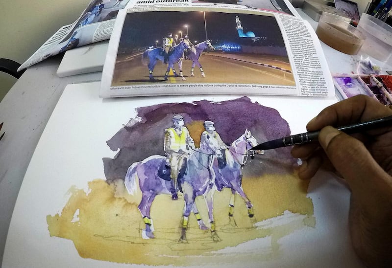 DUBAI , UNITED ARAB EMIRATES , May 14 – 2020 :- Artist Atul Panase making painting from the photo published in The National newspaper at his home studio in Deira Dubai. He is from India and based in Dubai for more than two decades. He was one of curators for World Art Dubai in 2017 and 2018. He is also the UAE Country Leader since last 5 years for the team of watercolorists for FabrianoInAcquarello and UrbinoInAcquerello international watercolor festivals which happen annually in Italy. He started the art activity  #pickanypicandpaint from the newspaper during the stay home era in the UAE because of COVID 19 pandemic. In this art activity which is trending with the hash tag #pickanypicandpaint involves more than 80 artists locally and internationally so far as the number is growing day by day. People here and also from other countries are participating and painting from the piece of newspapers. (Pawan Singh / The National) For Arts & Life/Online/Instagram.  Story by Katy Gillett