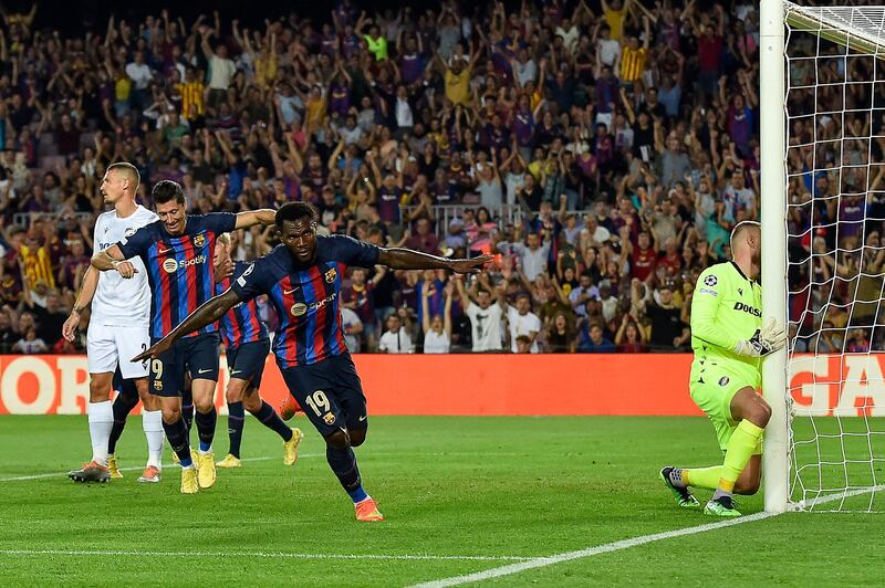 Barcelona midfielder Franck Kessie celebrates after scoring the first against Viktoria Plzen. AFP