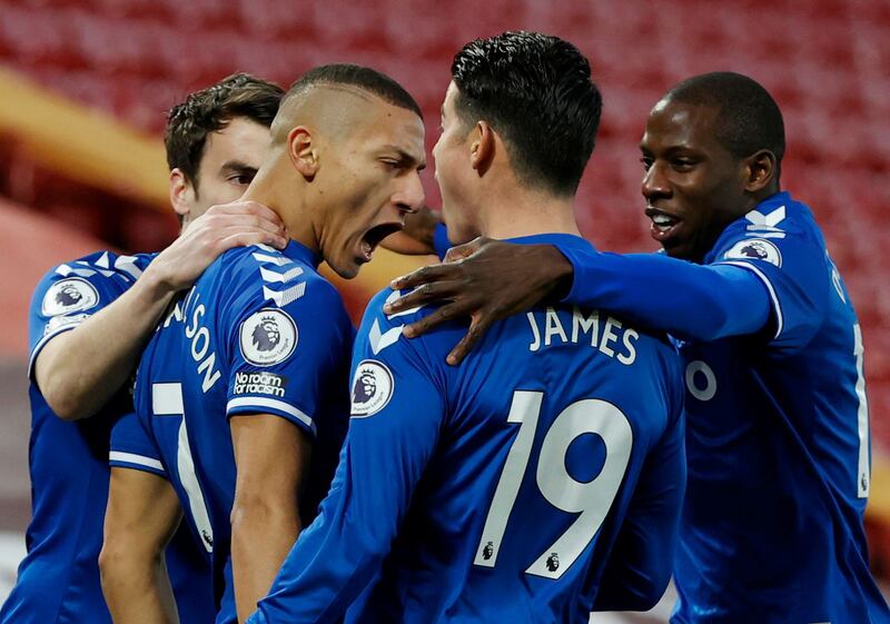 Everton's Richarlison celebrates scoring their first goal. Reuters