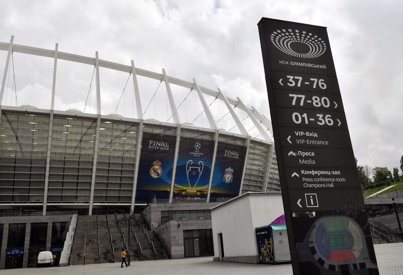 The NSC Olimpiyskiy Stadium in Kiev, on May 14, 2018, ahead of the 2018 UEFA Champions League Final football match between Liverpool and Real Madrid. Sergei Supinksy / AFP Photo