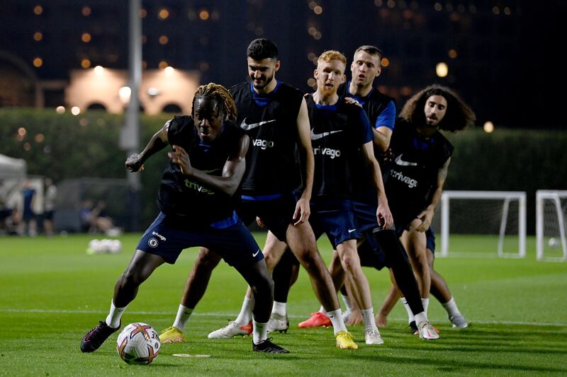Trevoh Chalobah, Armando Broja, James Russell, Marcus Bettinelli and Marc Cucurella of Chelsea during a training session at The Ritz Carlton.
