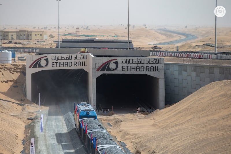 Sheikh Theyab bin Mohamed visited Etihad Rail project sites in Sharjah and Fujairah, inspecting the latest developments of the final part of the second phase of track construction, which spans 145km. Photo: Abu Dhabi Media office