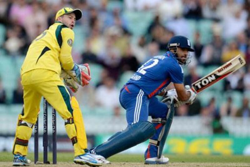 England's Ravi Bopara hits out watched by Australia's Matthew Wade during the second one-day international at the Oval