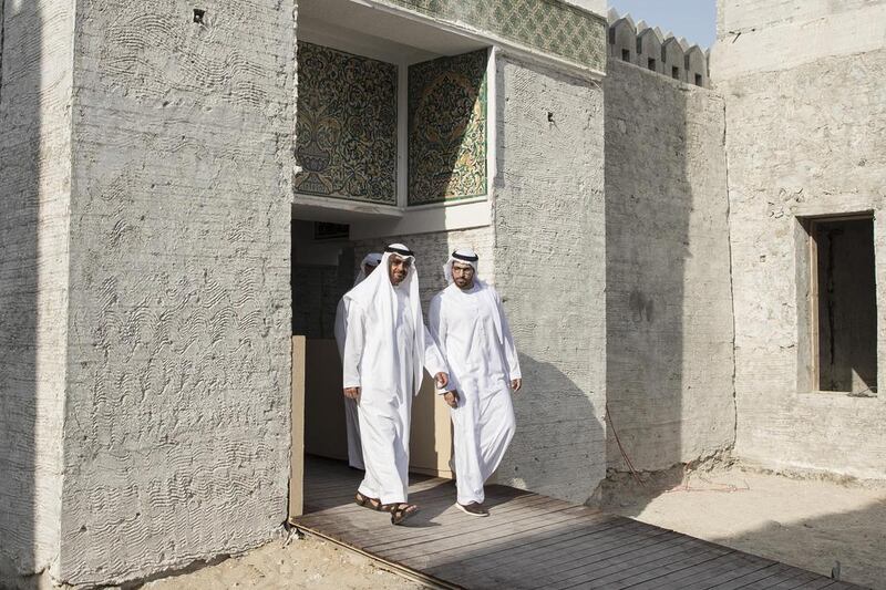 Sheikh Mohammed bin Zayed, Crown Prince of Abu Dhabi and Deputy Supreme Commander of the Armed Forces, with Mohammed Al Mubarak, Chairman of the Tourism and Culture Authority, at Qasr Al Hosn on Monday. Ryan Carter / Crown Prince Court – Abu Dhabi