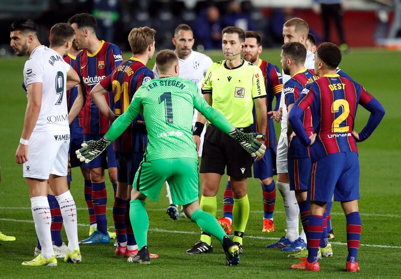 BARCELONA RATINGS: Marc Andre Ter Stegen 6. Given the last two times Huesca have visited Camp Nou (they’ve conceded eight goals each time) the focus was always going to be on the opposing goalkeeper. Yet he needed to get down well to Pablo Maffeo on 25 minutes and he made the lightest touch to concede an odd 45th minute penalty, which he could do little to stop. Huesca created clear chances too. Reuters