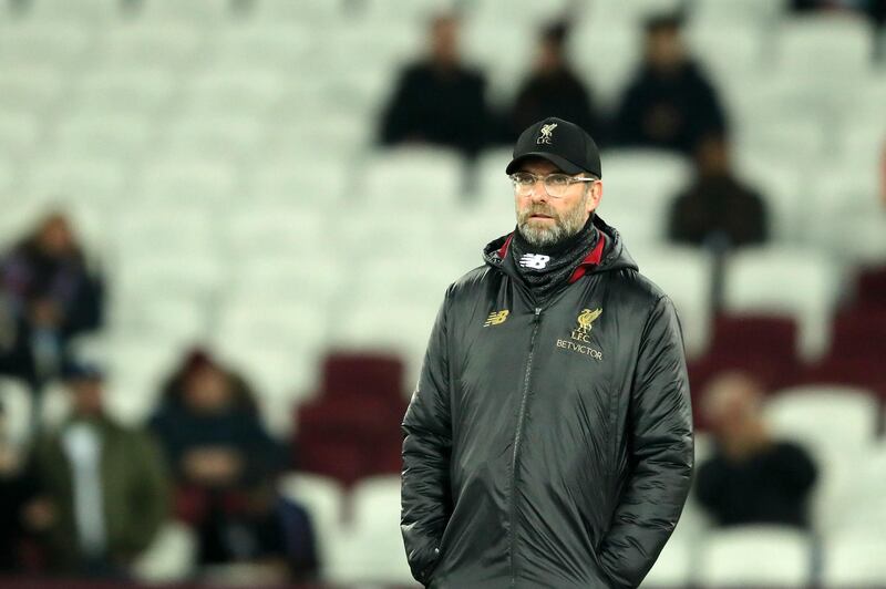 LONDON, ENGLAND - FEBRUARY 04: Jurgen Klopp, Manager of Liverpool looks on prior to the Premier League match between West Ham United and Liverpool FC at London Stadium on February 04, 2019 in London, United Kingdom. (Photo by Richard Heathcote/Getty Images)