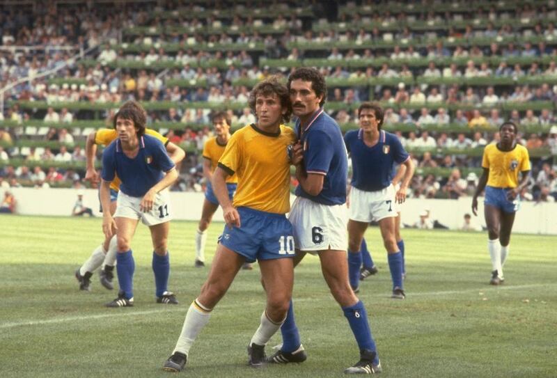 Brazil’s Zico, left, of Brazil and Claudio Gentile jostle for space. Allsport