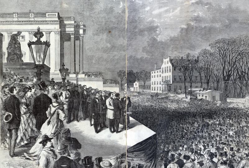 Ulysses S. Grant and Schuyler Colfax taking the oath of office administered by Chief Justice Salmon P. Chase on the east portico of the U.S. Capitol in Washington, D.C, March 4th 1869, before a large crowd. (Photo by: Photo12/Universal Images Group via Getty Images)
