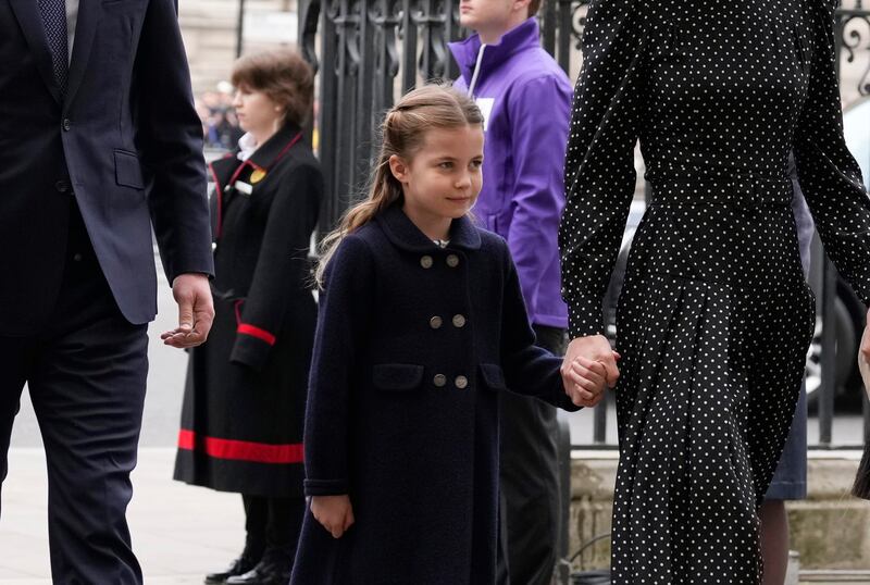 Britain's Princess Charlotte arrives to attend a Service of Thanksgiving for the life of Prince Philip, Duke of Edinburgh,m at Westminster Abbey in London, in March 2022. AP