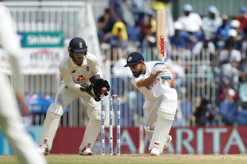 Virat Kohli(Captain) of India  bowled by Moeen Ali of England during day one of the second PayTM test match between India and England held at the Chidambaram Stadium stadium in Chennai, Tamil Nadu, India on the 13th February 2021

Photo by Saikat Das/ Sportzpics for BCCI