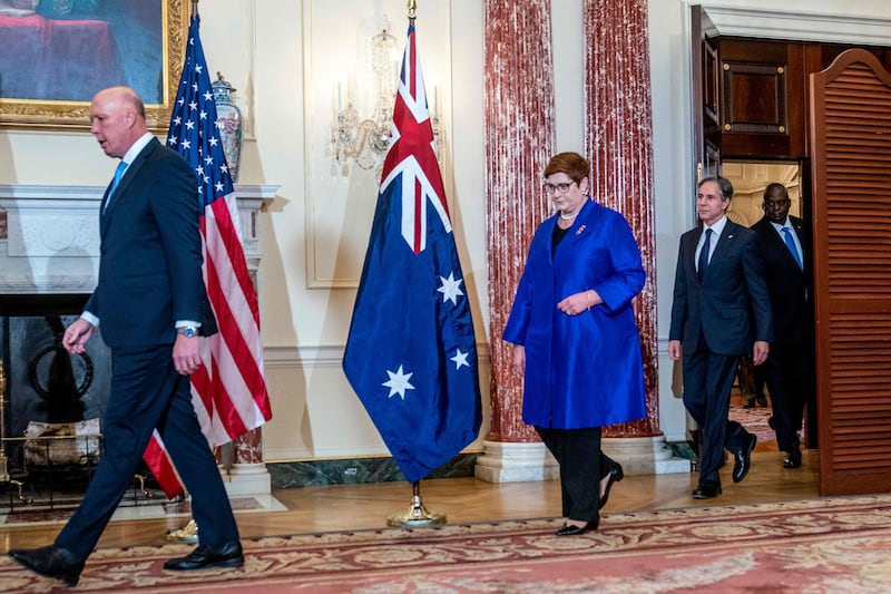 (L-R) Australian Defence Minister Peter Dutton, Foreign Minister Marise Payne, US Secretary of State Antony Blinken and Defence Secretary Lloyd Austin at the State Department in Washington. AFP