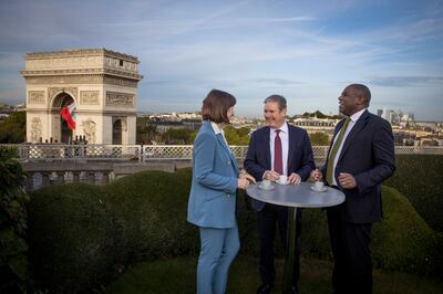 Keir Starmer, shadow chancellor Rachel Reeves and shadow foreign secretary David Lammy during a breakfast meeting in Paris. Getty Images