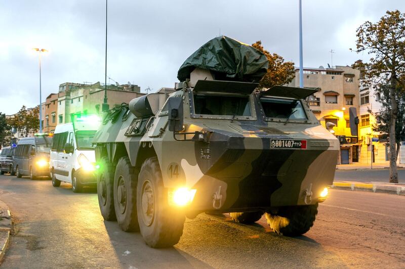 A military vehicle used to instruct people to return home, is seen in a street in Casblanca, Morocco. AFP