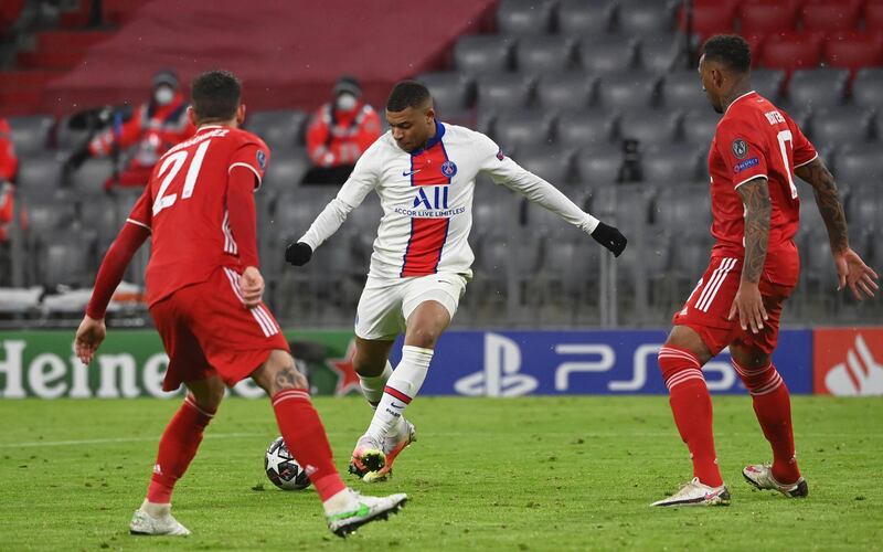 Kylian Mbappe scores PSG's third and his second against Bayern. AP