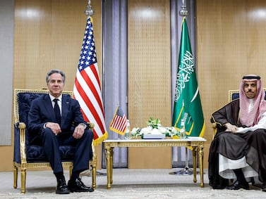 Saudi Arabia's Foreign Minister Prince Faisal bin Farhan (R) receives US Secretary of State Antony Blinken at the Gulf Cooperation Council (GCC) Secretariat in Riyadh on April 29, 2024.  (Photo by EVELYN HOCKSTEIN  /  AFP)