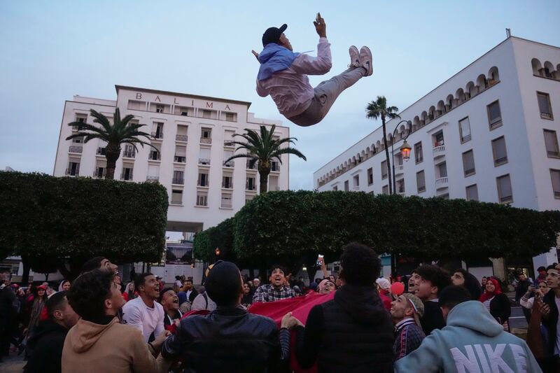 Airborne in Rabat after beating Portugal. AP