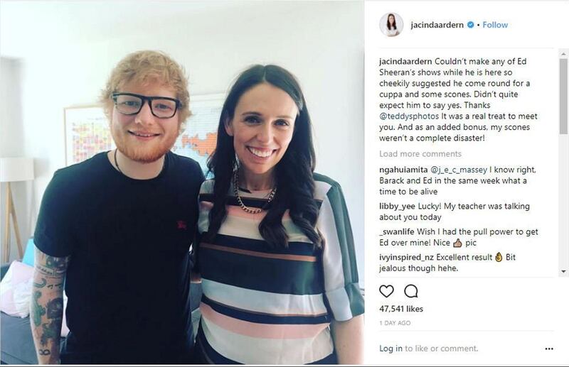 Jacinda Ardern poses with Ed Sheeran after she "cheekily suggested" he pop over to her house for a "cuppa and scones". Instagram.