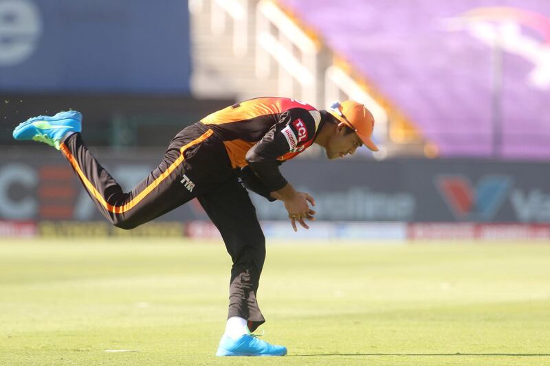 Priyam Garg of Sunrisers Hyderabad  takes a catch of Nitish Rana of Kolkata Knight Riders during match 35 of season 13 of the Dream 11 Indian Premier League (IPL) between the Sunrisers Hyderabad and the Kolkata Knight Riders at the Sheikh Zayed Stadium, Abu Dhabi  in the United Arab Emirates on the 18th October 2020.  Photo by: Vipin Pawar  / Sportzpics for BCCI
