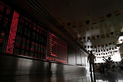 People react as they monitor stock prices at a brokerage house in Beijing, Thursday, Aug. 16, 2018. Asian shares are falling as investors fret over slowing economic growth, especially in China. Technology stocks and oil and metals prices skidded overnight on Wall Street. (AP Photo/Andy Wong)