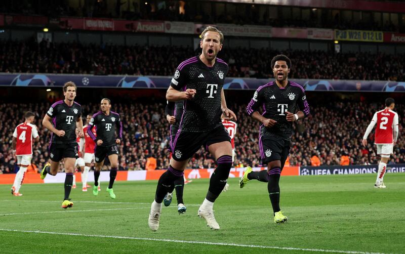 Harry Kane celebrates scoring Bayern Munich's second goal during the 2-2 Champions League quarter-final first-leg draw against Arsenal at Emirates Stadium, in London, on April 9, 2024. Reuters