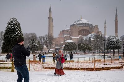A snow-covered square outside Hagia Sofia in Istanbul, on March 11. AFP