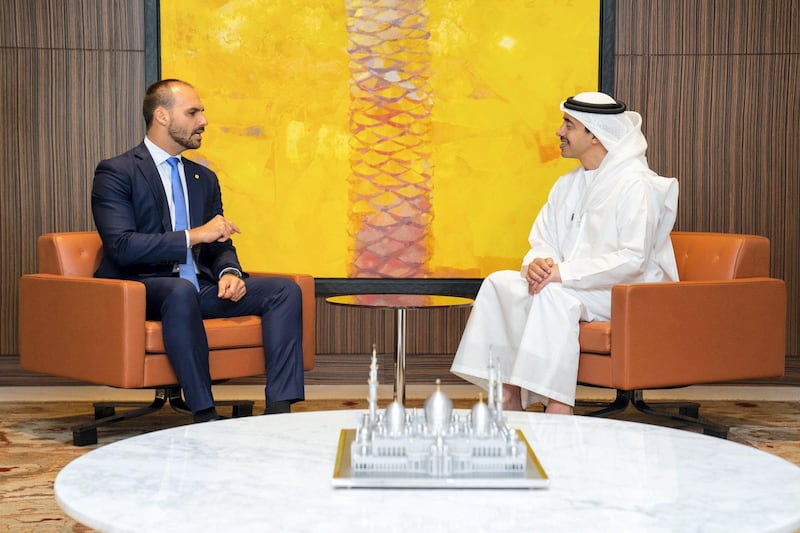 Sheikh Abdullah bin Zayed, Minister of Foreign Affairs and International Cooperation, meets Eduardo Bolsonaro, member of the Brazilian Chamber of Deputies, during his visit to the UAE in August. Wam