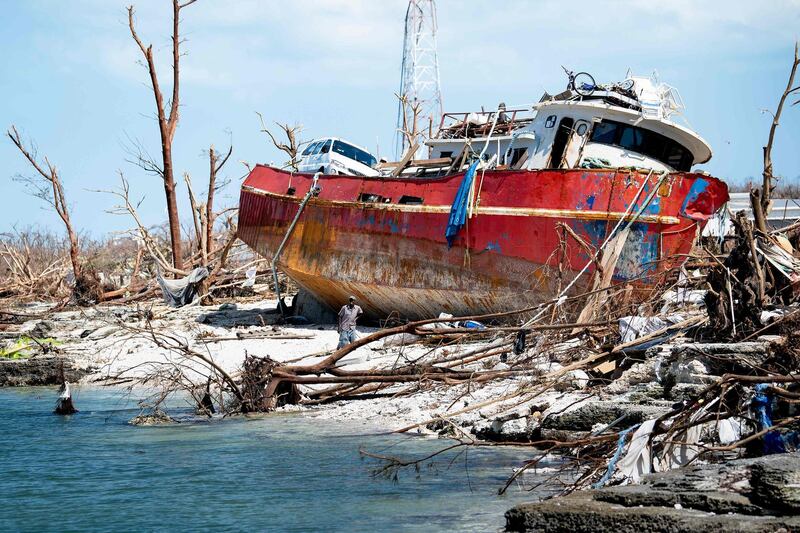 People recover items from a beached vessel after Hurricane Dorian in Marsh Harbor, Great Abaco. AFP