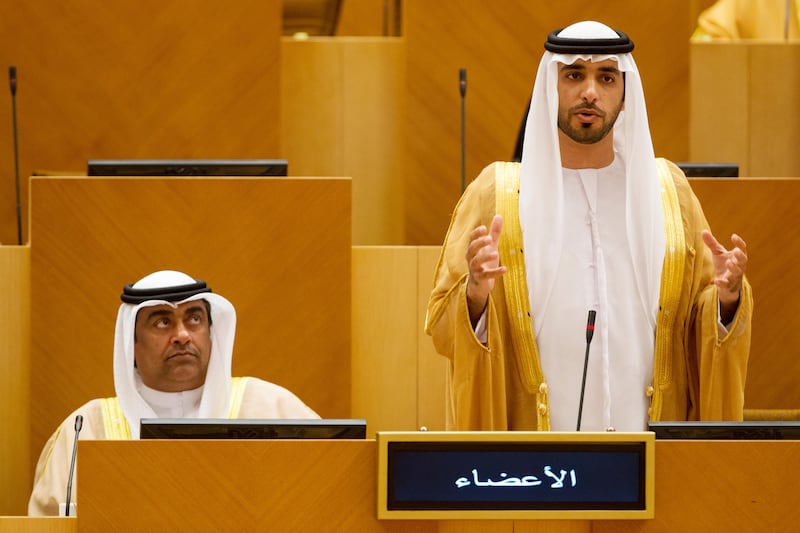 Abu Dhabi, United Arab Emirates, March 29, 2016:    Saeed Al Remeithi of Abu Dhabi speaks during the Federal National Council meeting in the Al Khubeirah area of Abu Dhabi on March 29, 2016. Christopher Pike / The National

Job ID: 63628
Reporter: Haneen Dajani
Section: News
Keywords:  *** Local Caption ***  CP0329-na-FNC-21.JPG