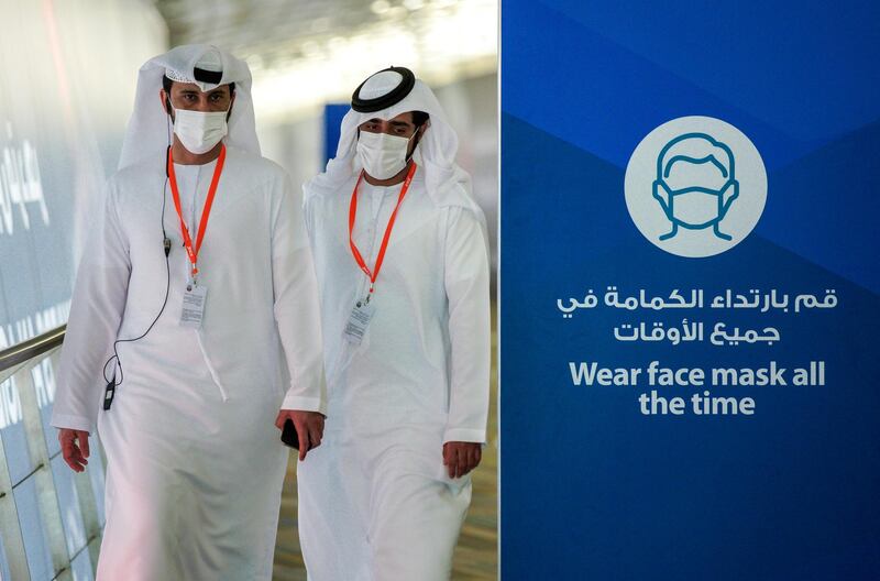 Abu Dhabi, United Arab Emirates, February 22, 2021.  Idex 2021 Day 2.
Face mask reminders at the exhibition.
Victor Besa / The National
Section:  NA