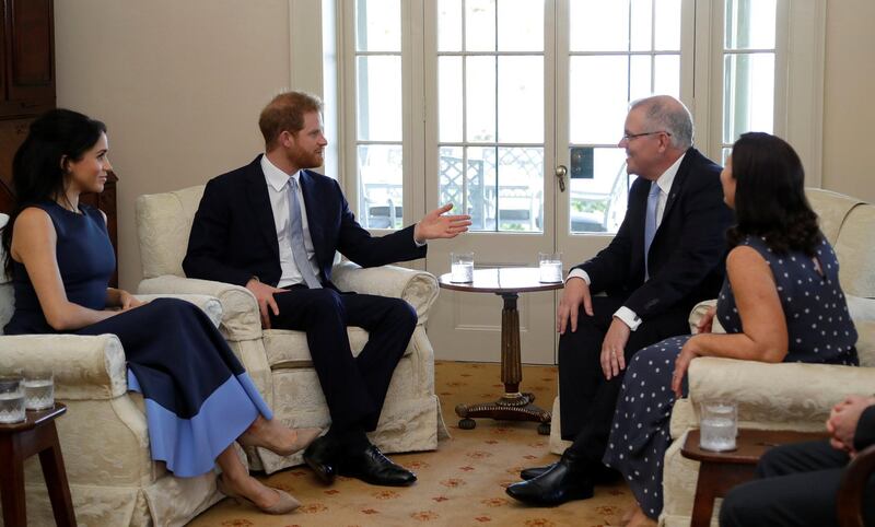 Britain's Prince Harry and Meghan, Duchess of Sussex, meet Prime Minister of Australia Scott Morrison and his wife Jenny Morrison at Kirribilli House in Sydney. Reuters