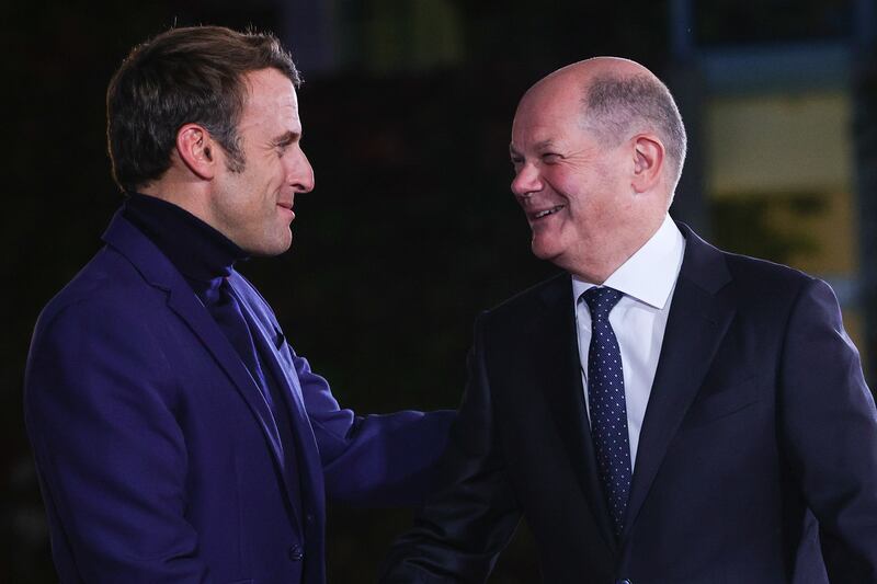 Emmanuel Macron, left, meets Olaf Scholz in Berlin to mark Germany's day of unity on October 3. Getty