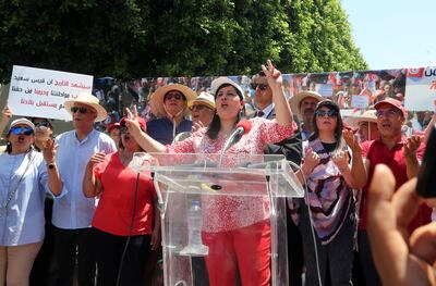 Abir Moussi takes part in a  demonstration against Tunisian President Kais Saied in July 2022. EPA